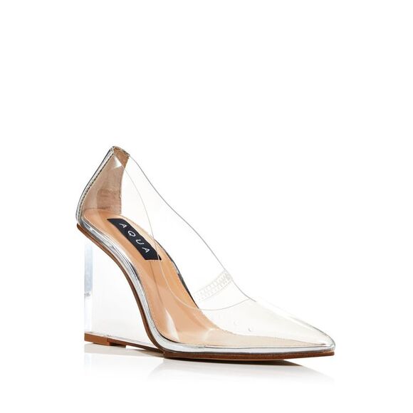 AQUA Womens Clear Translucent Clear Pointed Toe Wedge Slip On Pumps Shoes 7.5 M - Picture 1 of 3